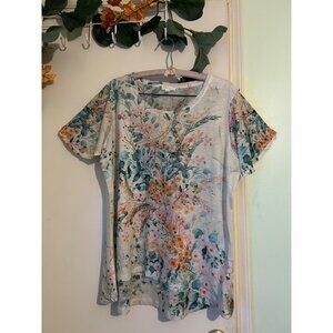 Concepts XL Floral Print Embellished Top Women’s Shirt Tee Rhinestone Bling Casu